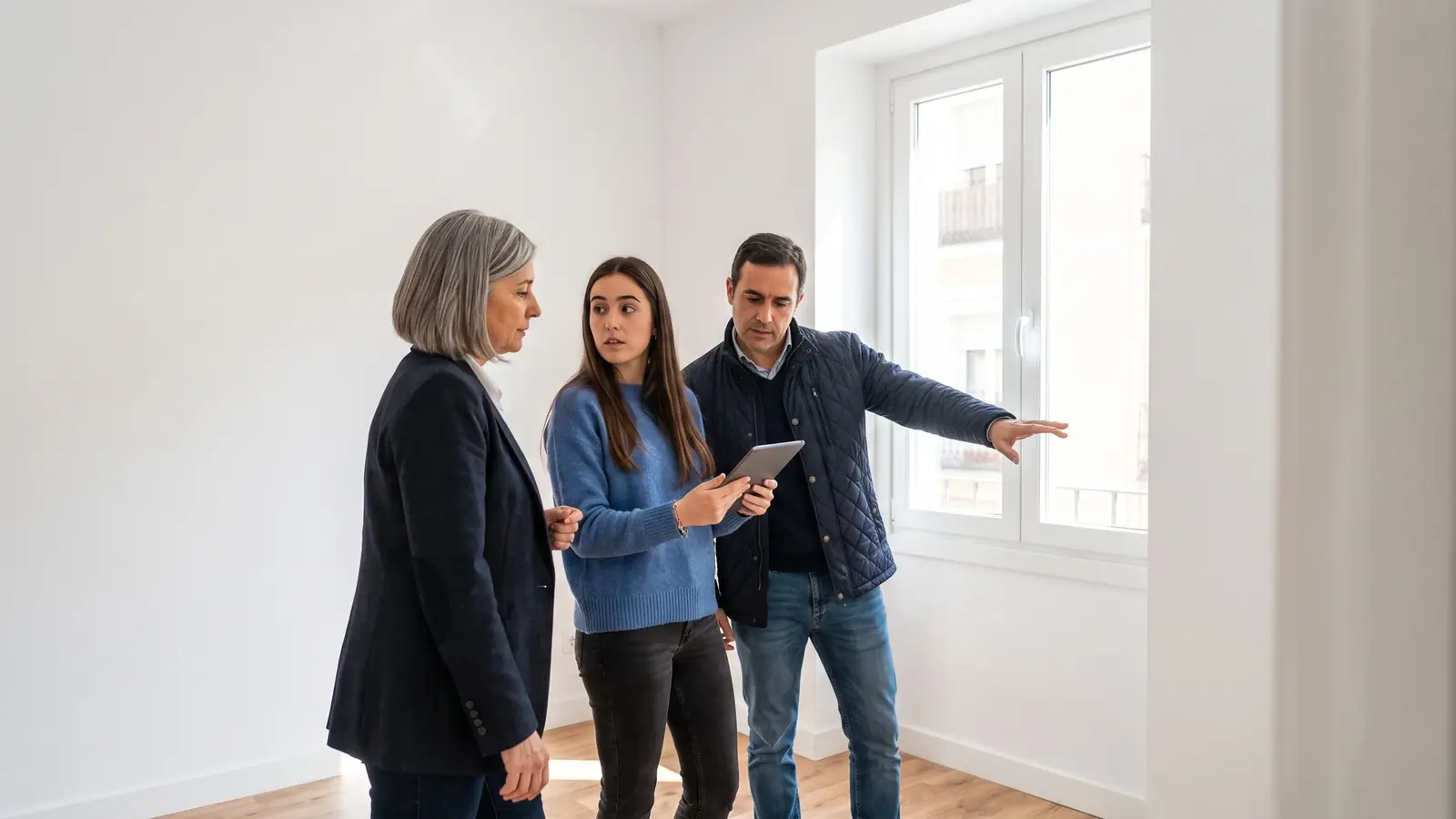 Una mujer enseña un piso vacío a dos personas que lo visitan
